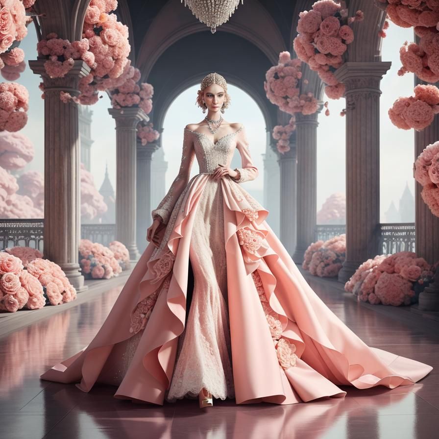 Vintage Dior Gown on Catwalk, Detailed Digital Art