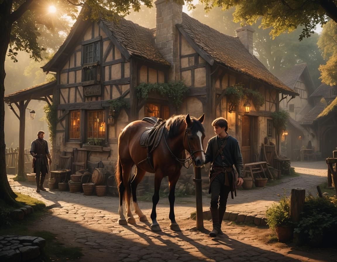 Stable Boy and Horse in Medieval Inn, Digital Painting