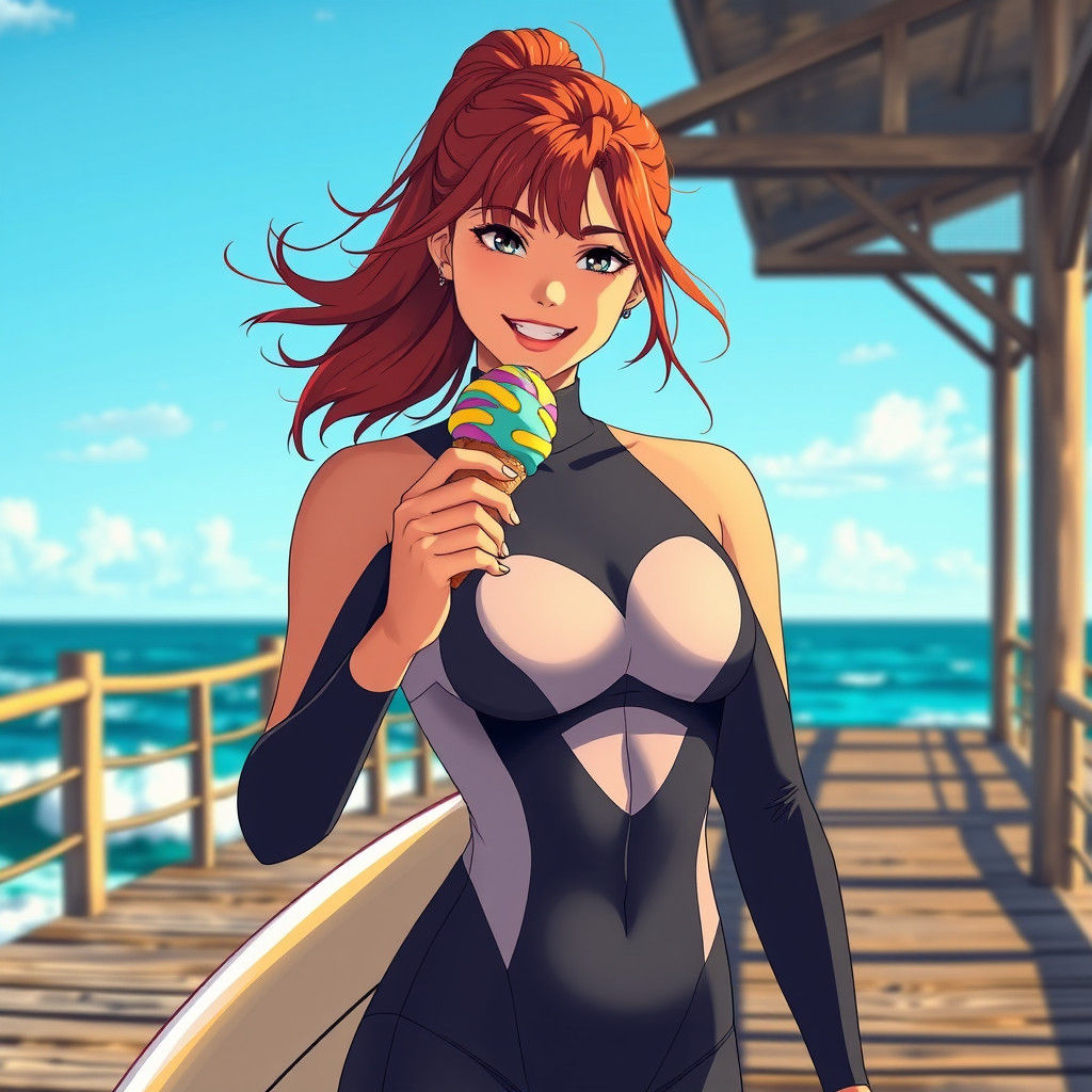 Anime Surfer Girl with Ice Cream on Pier