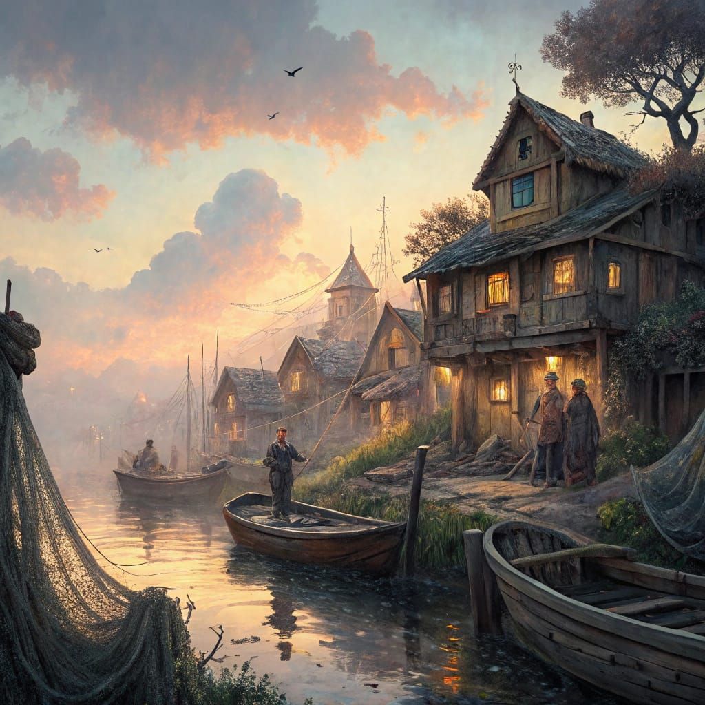 Fishing Village at Dawn in Klimt Style