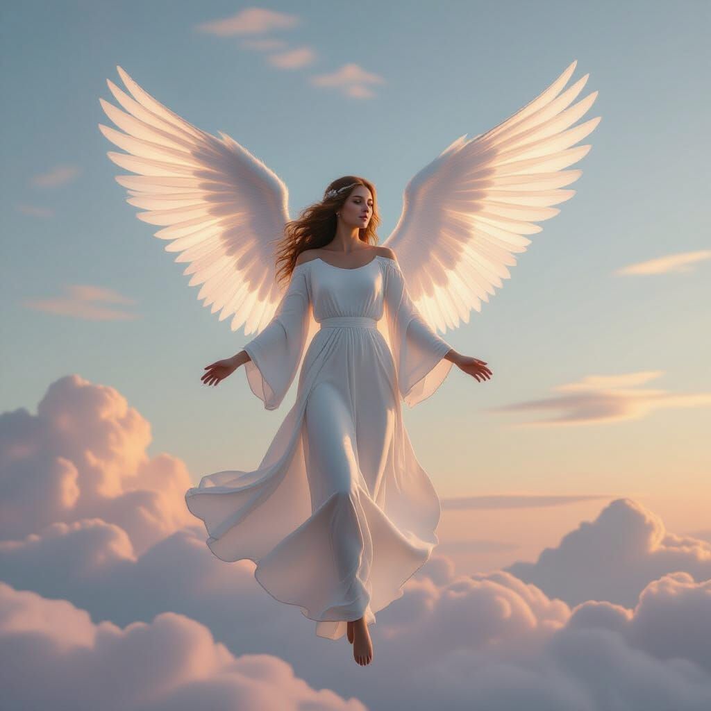 Angel Floating in Soft Pastel Sky: Photorealistic High-Res