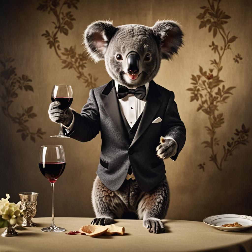Koala in Tuxedo at Dinner Party: Cinematic Portrait