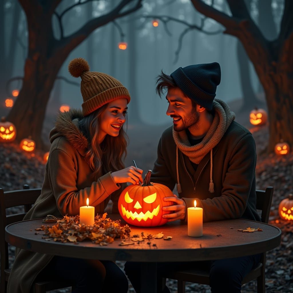 Halloween Pumpkin Carving Date in Mystical Forest