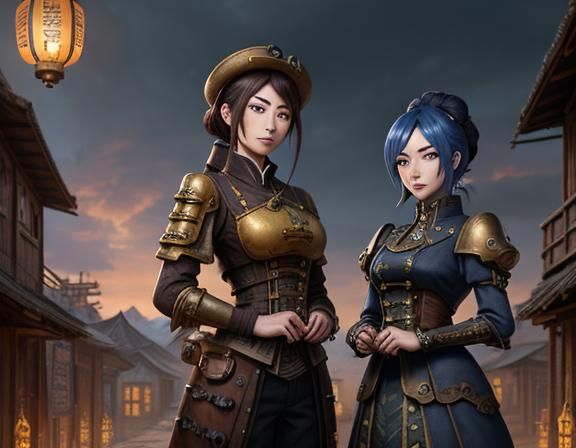 Steampunk Anime Women in Kazakhstan Village