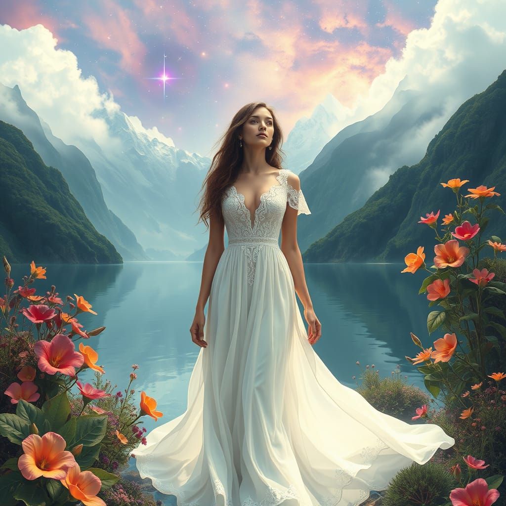 A serene figure in a flowing, delicate dress sits among vibrant flowers and tranquil waters, with misty mountains in the...