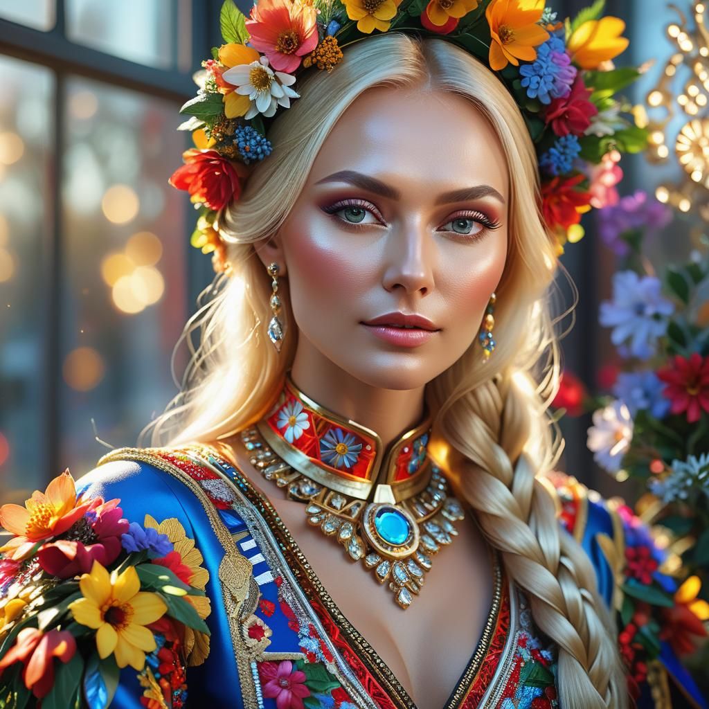 Hyperrealistic Slavic Woman in Futuristic Floral Wreaths