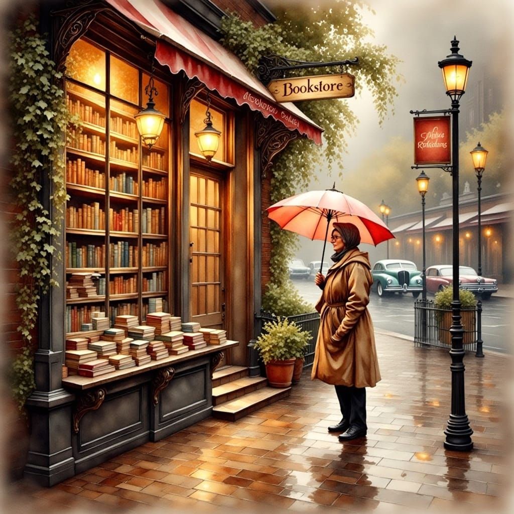 vivid, soft and natural, watercolor image of a cozy bookshop on a (rainy day) with a (old woman in a raincoat and rain h...