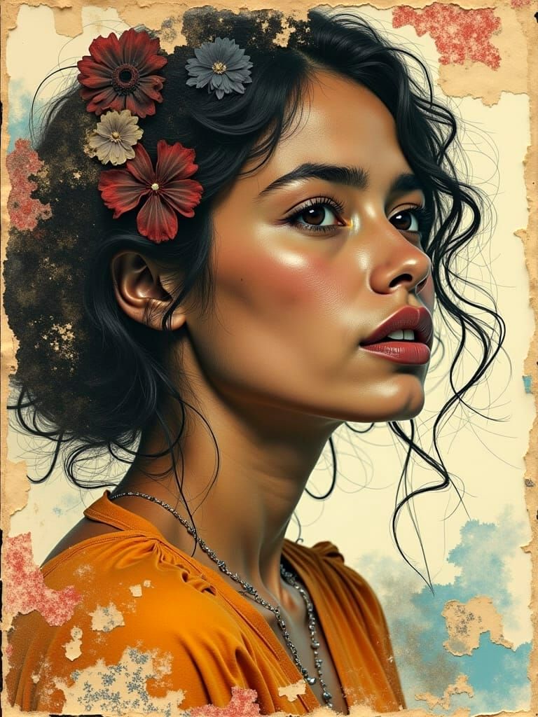 Beautiful Woman Torn Paper Collage with Fabric Accents