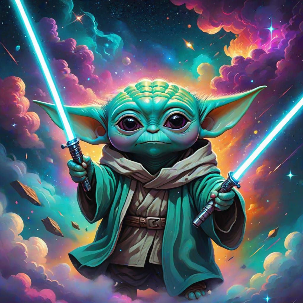 Electric Blue Baby Yoda in Cosmic Space Galaxy
