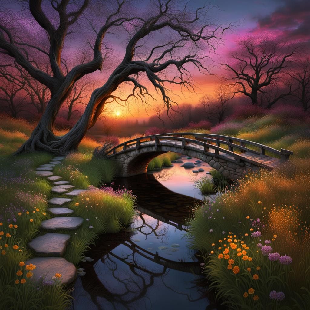 Ethereal Bridge at Sunset with Twisted Tree and Glowing Flow...