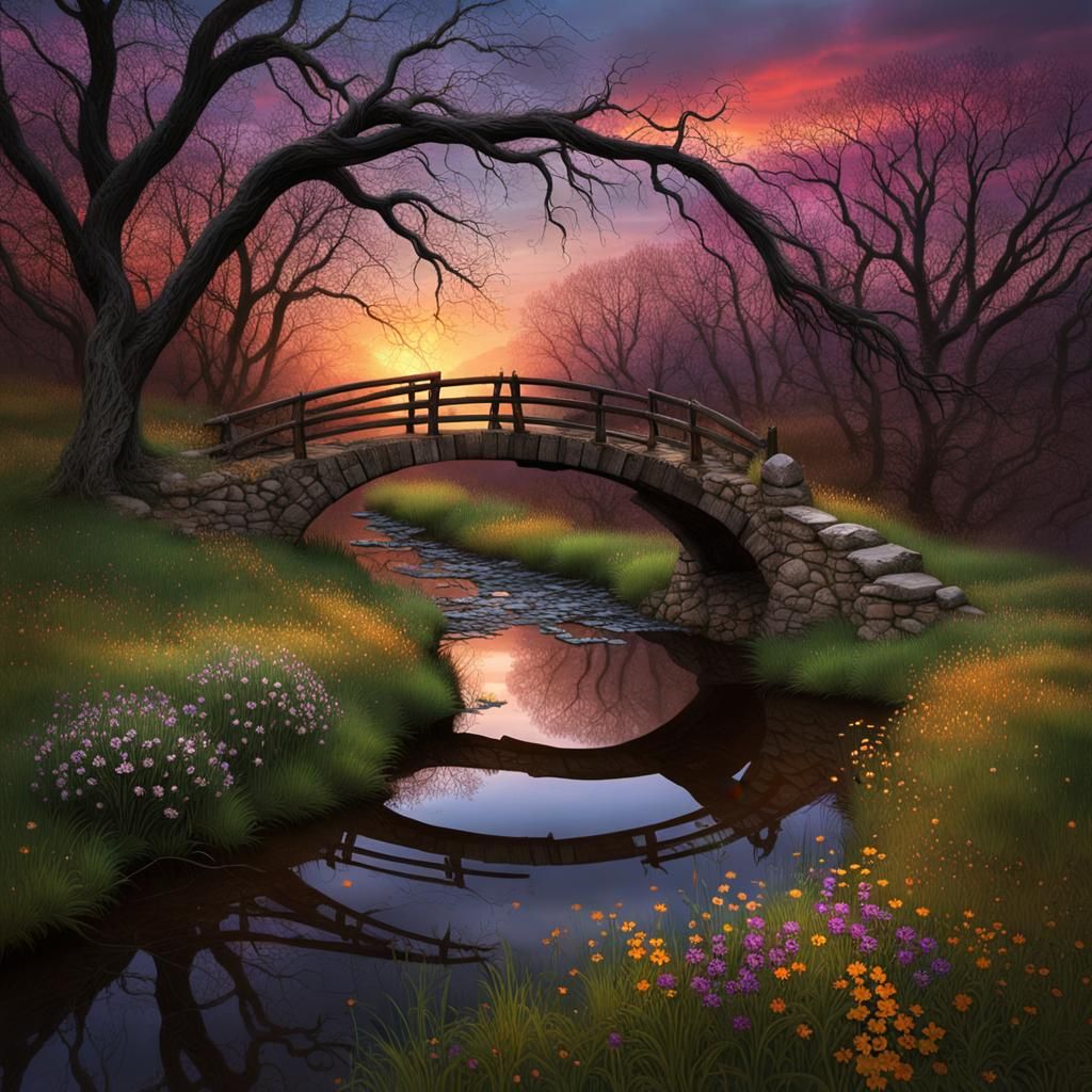 Ethereal Bridge: Lonely Twilight in a Haunting Landscape