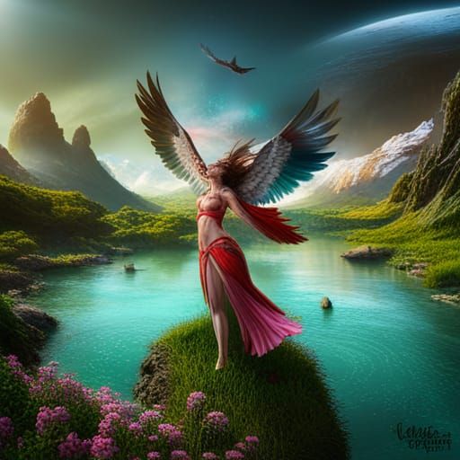 Vibrant Bird Woman Soaring Above Green Valley