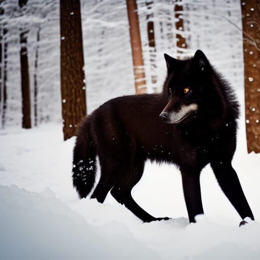 Majestic Black Wolf in Winter Forest Photography