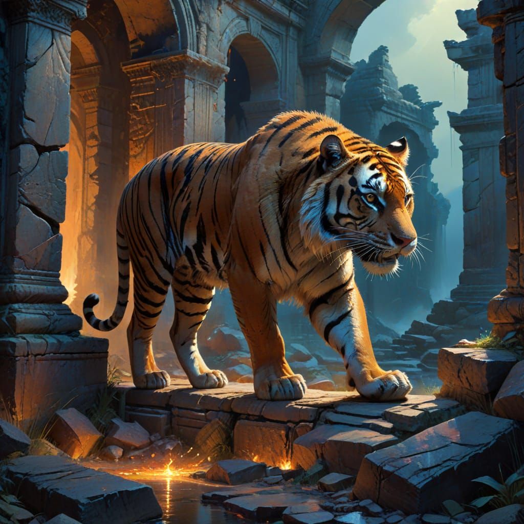 Majestic Tiger with Spectral Markings in Ancient Ruin