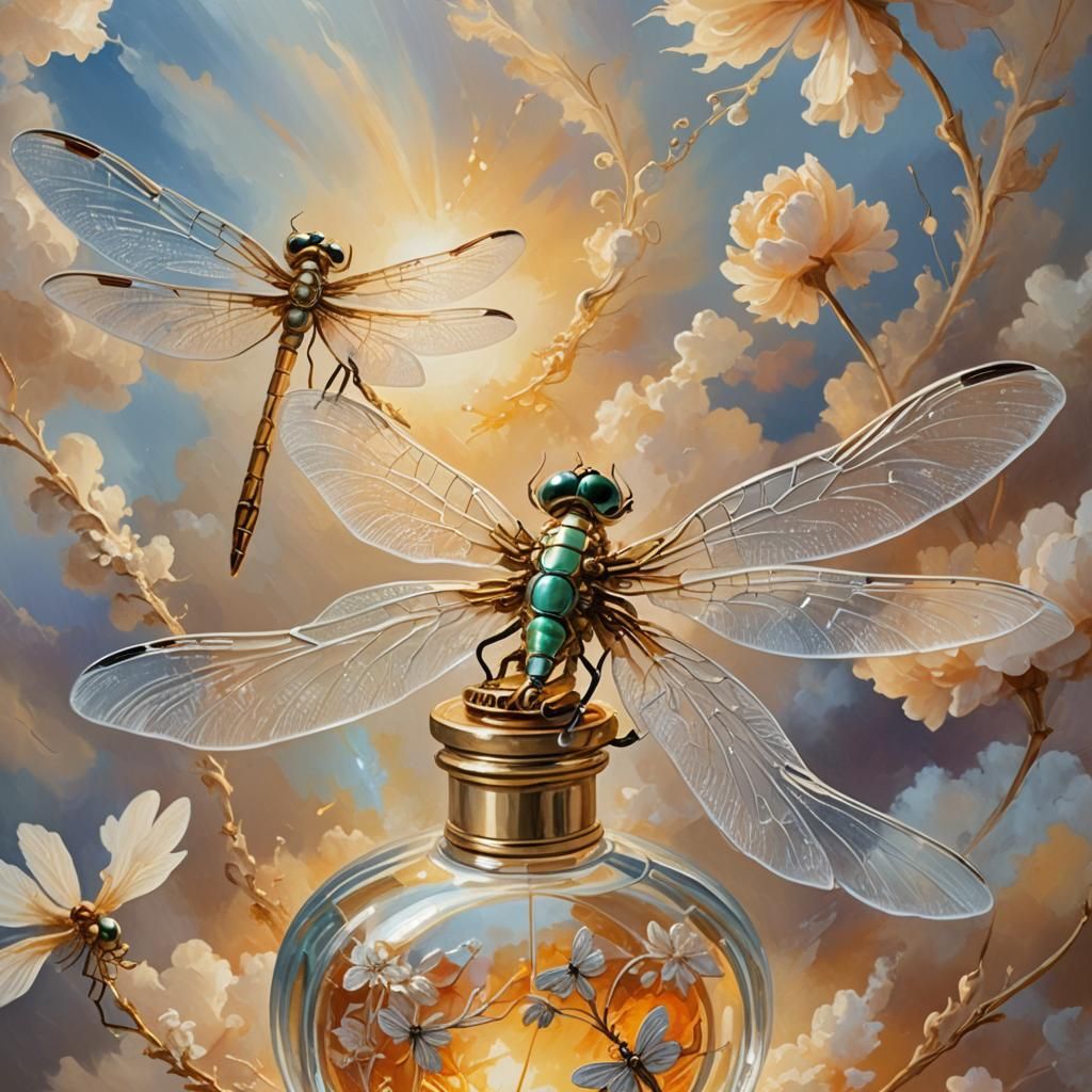 Dragonflies with Flaming Wings in Perfume Bottle