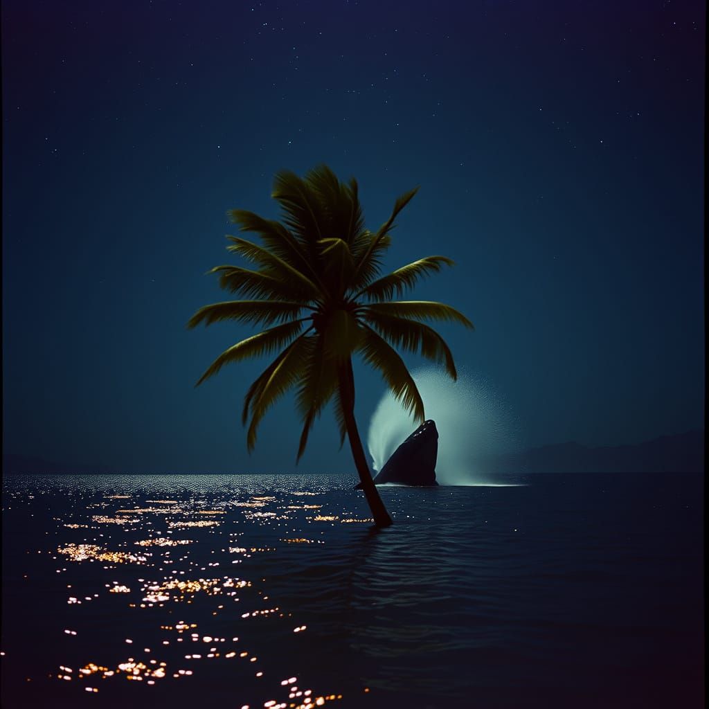 Tranquil Night Sea with Palm and Whale