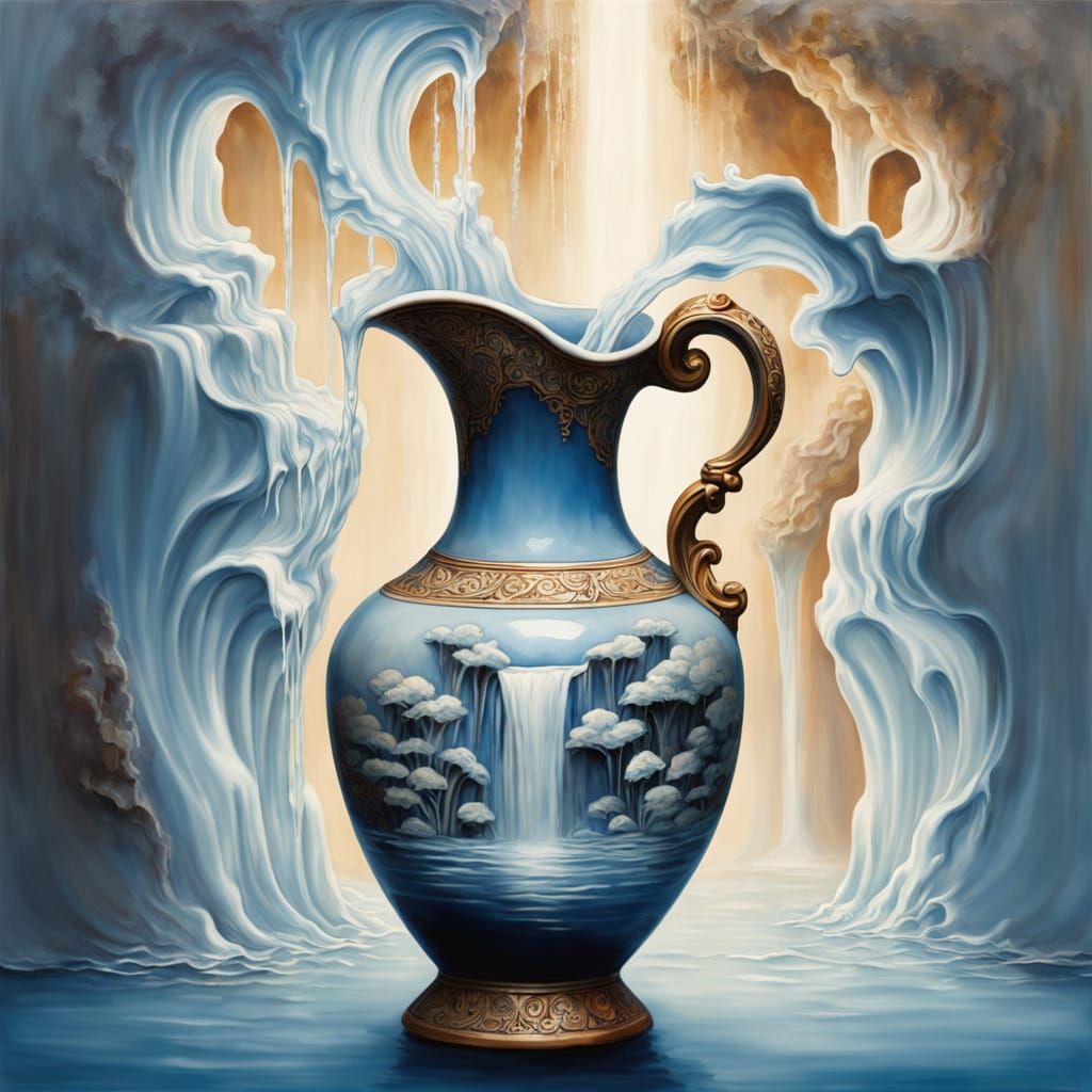 Surreal River Flows from Antique Vase in Oil Painting