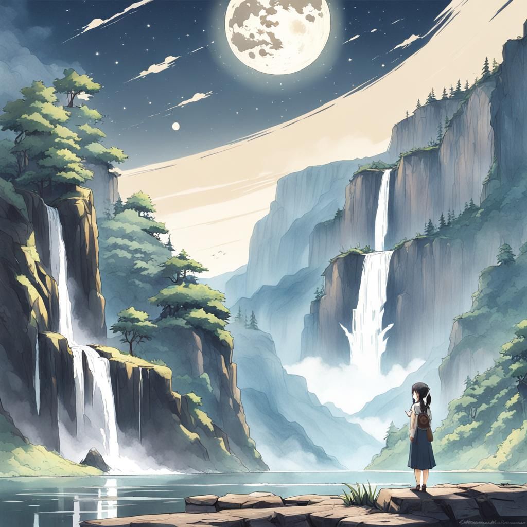 Anime Waterfall Scene with Girl and Moon