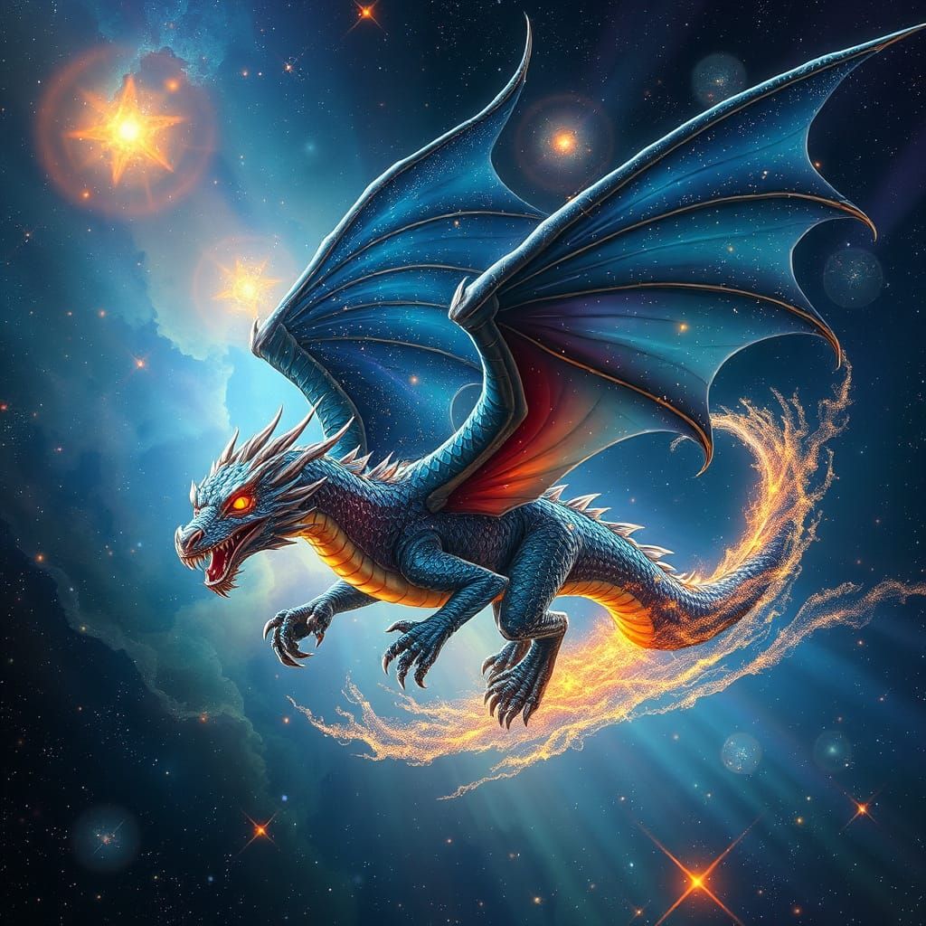 Bioluminescent Dragon Soaring Through a Nebula