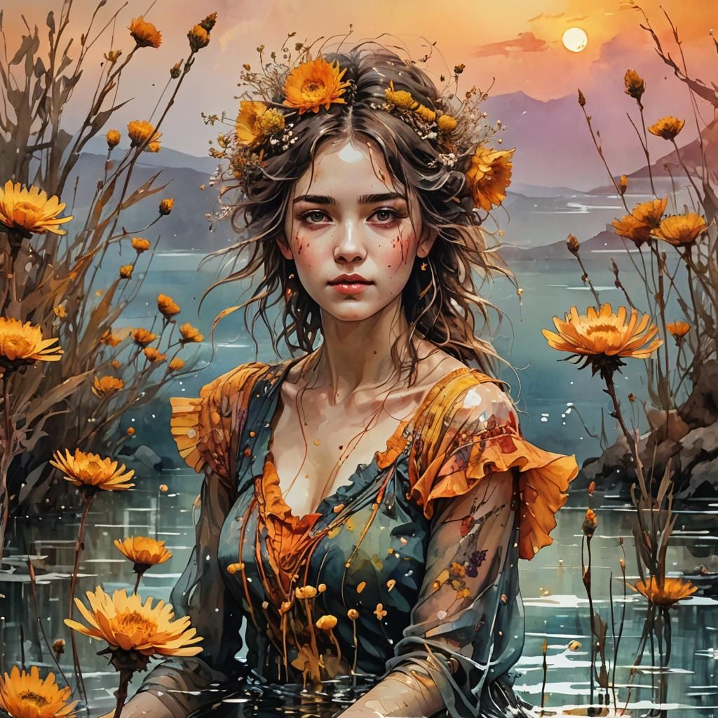 Helichrysum bracteatum with Flamenco Dancer in Watercolor