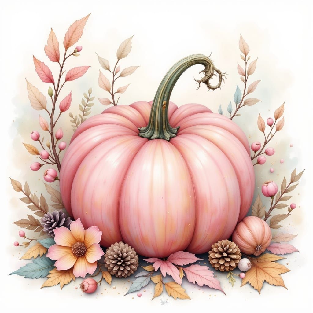 Pink Pumpkin with Autumn Leaves in Soft Watercolor