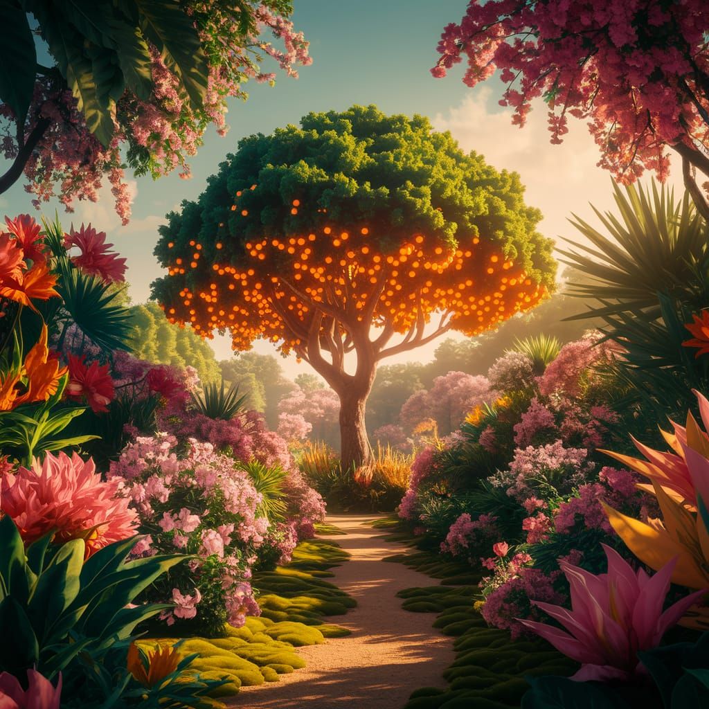 Vibrant Paradise Garden with Majestic Tree and Golden Fruit