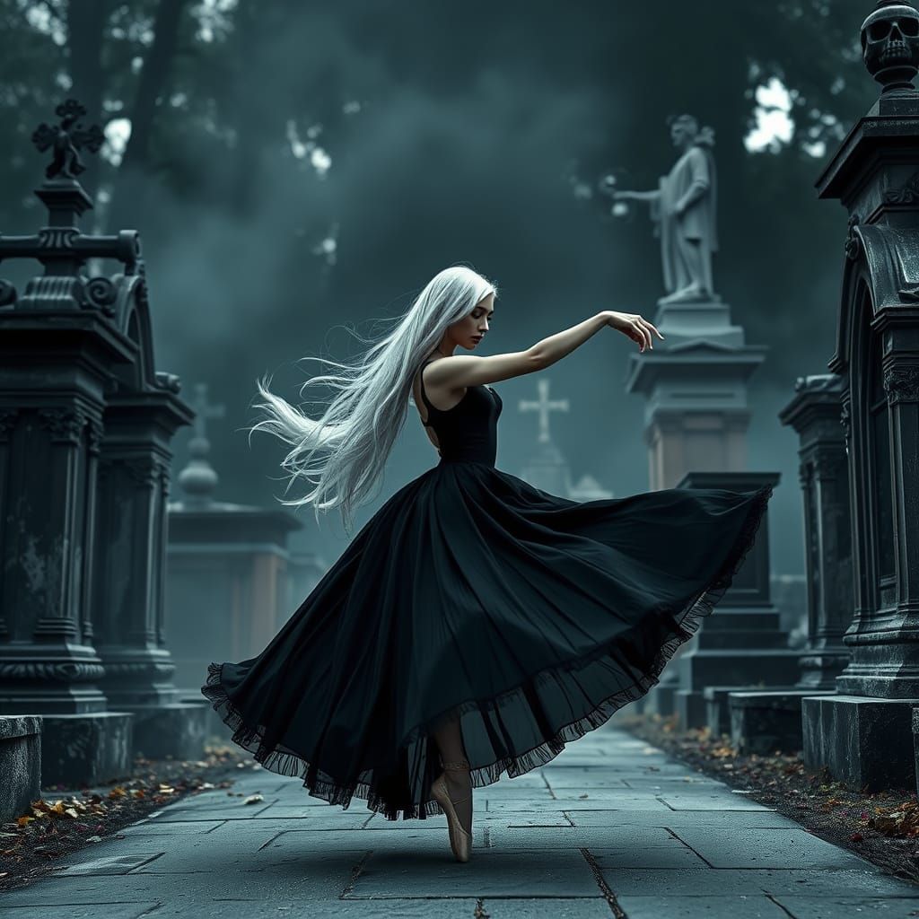 Gothic Ballerina Pirouette in Cemetery, Hyperrealistic Style