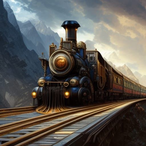 Steampunk TRAIN OVER MOUNTAINS