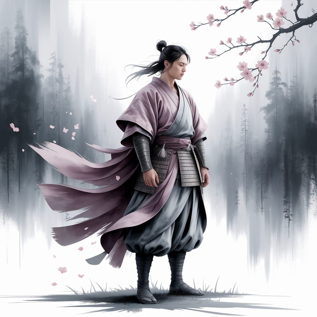 Warrior in Contemplation: Minimalist Watercolor with Cherry ...