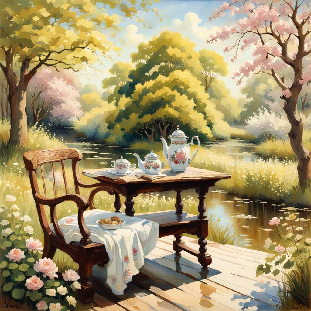Victorian Tea in a Cherry Blossom Garden Watercolor