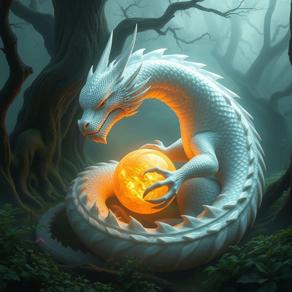 Opalescent White Dragon with Orb in Mystic Forest