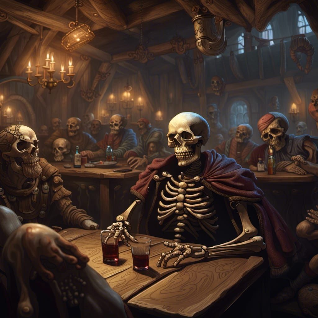 Skeleton Warrior Resting in Tavern: Dark Fantasy Concept Art