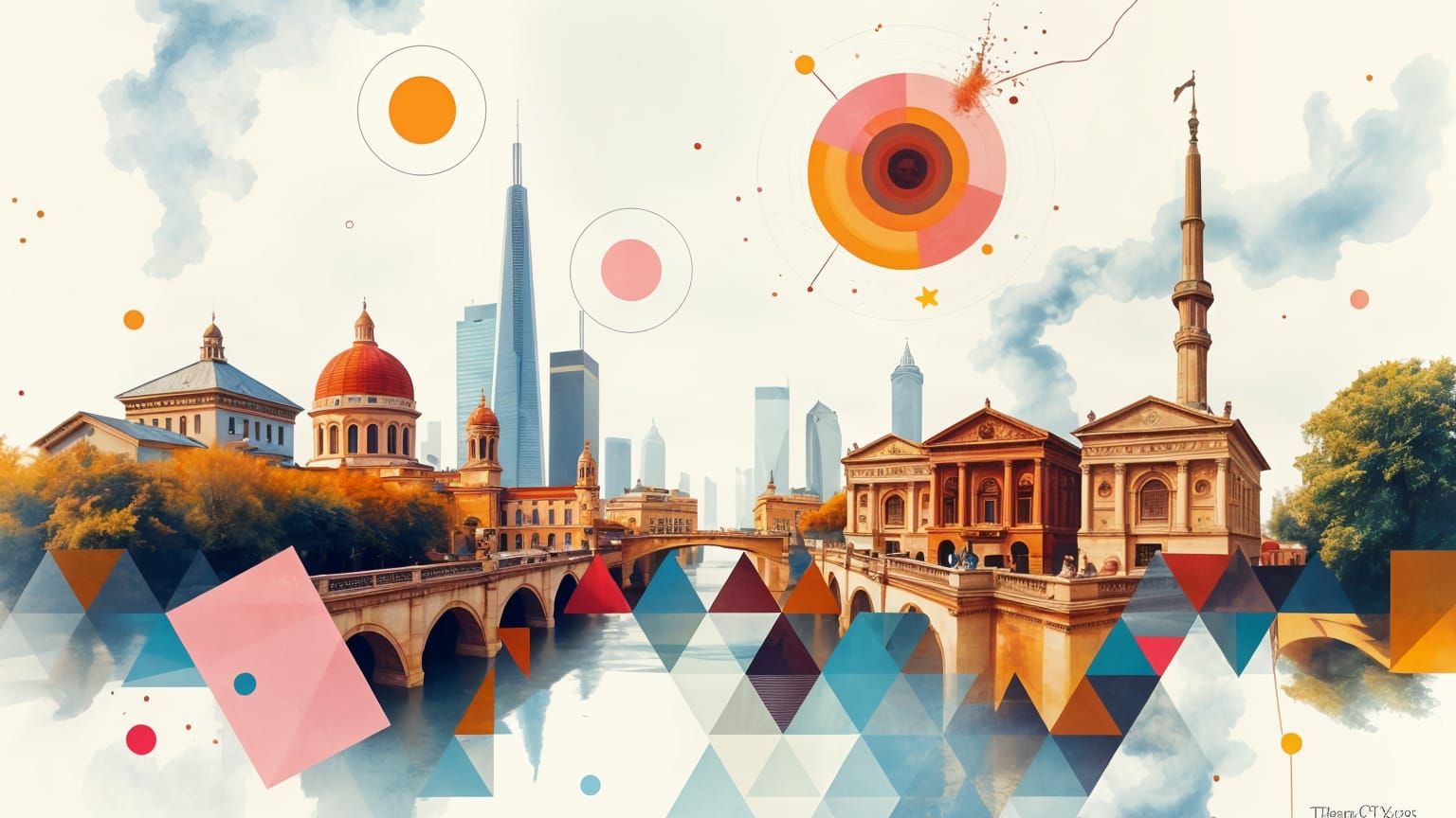 Surreal Gouache Painting of Cityscapes with Polygonal Patter...