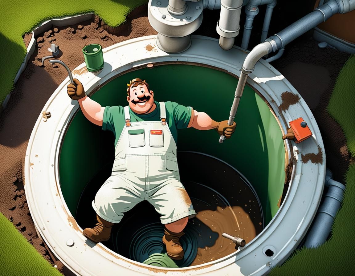 Plump Plumber Happily Cleans Septic Tank