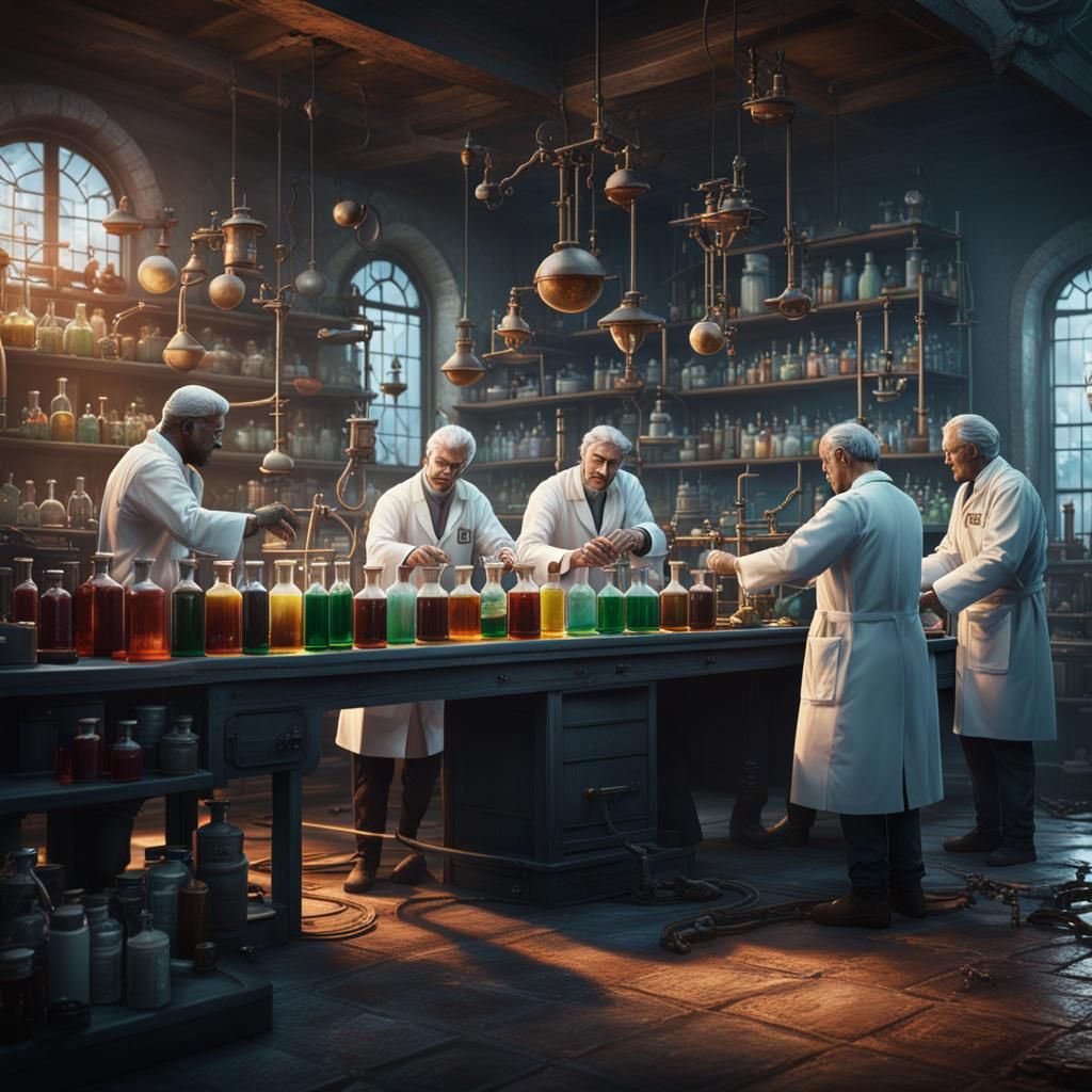 Scientists Brewing Potion: Detailed Fantasy Concept Art