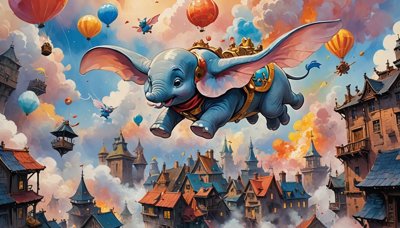 Fiery Cartoon Dumbo Flies: Gouache Watercolor Style