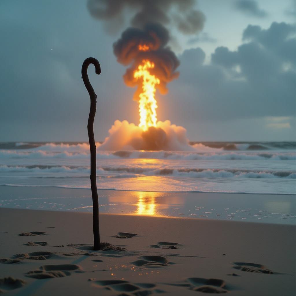 Moses' Staff on Beach with Pillar of Fire: Cinematic Still
