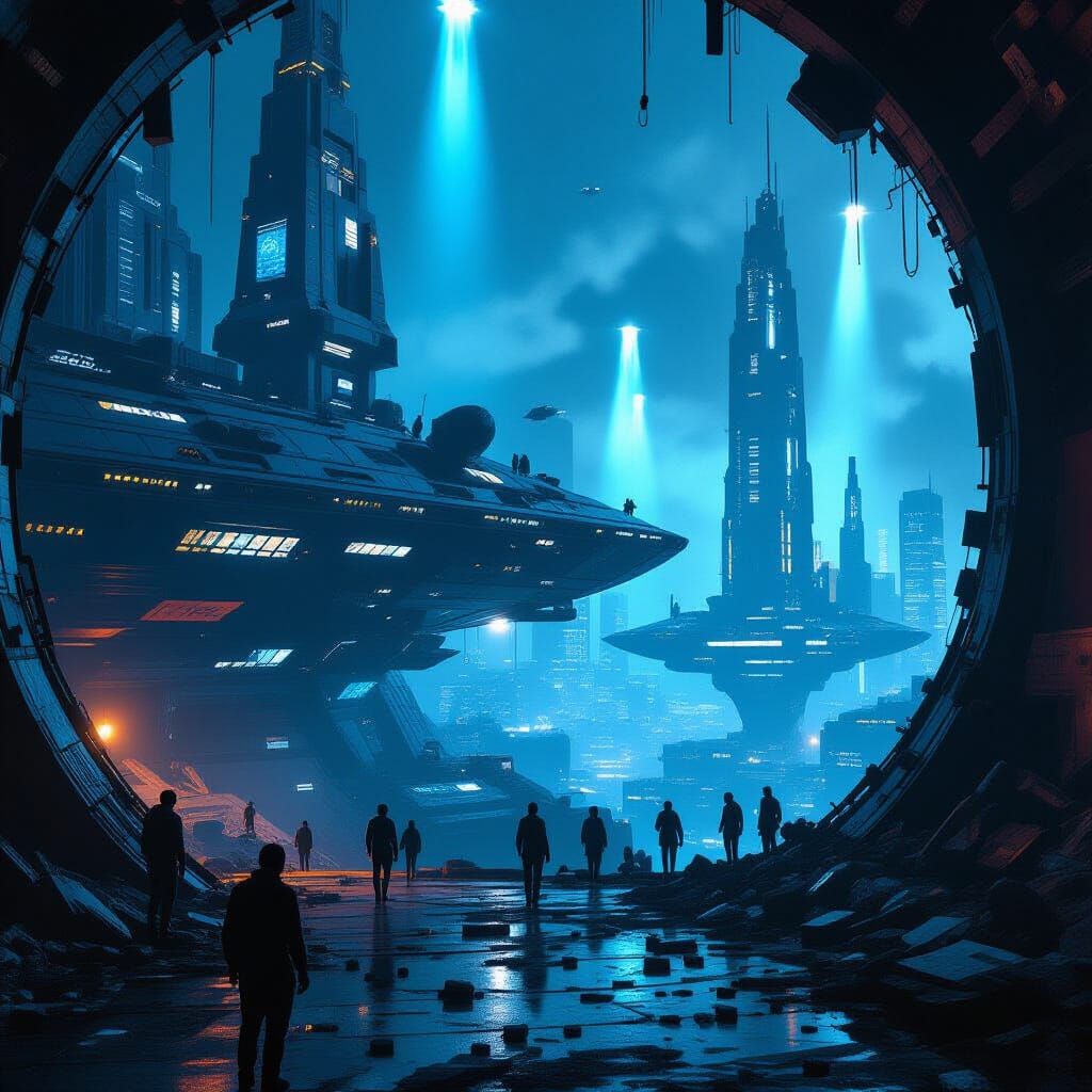 Abandoned Sci-Fi Space Station with Dystopian Cityscape