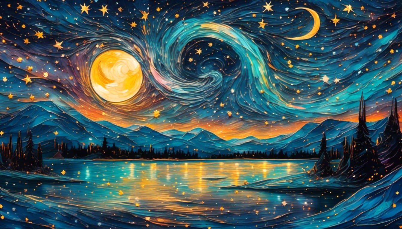 Starry Night Over Frozen Lake, Post-Impressionist Style
