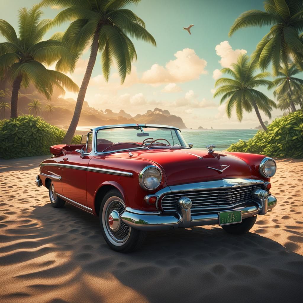 Classic Red Convertible on Beach: Detailed Matte Painting