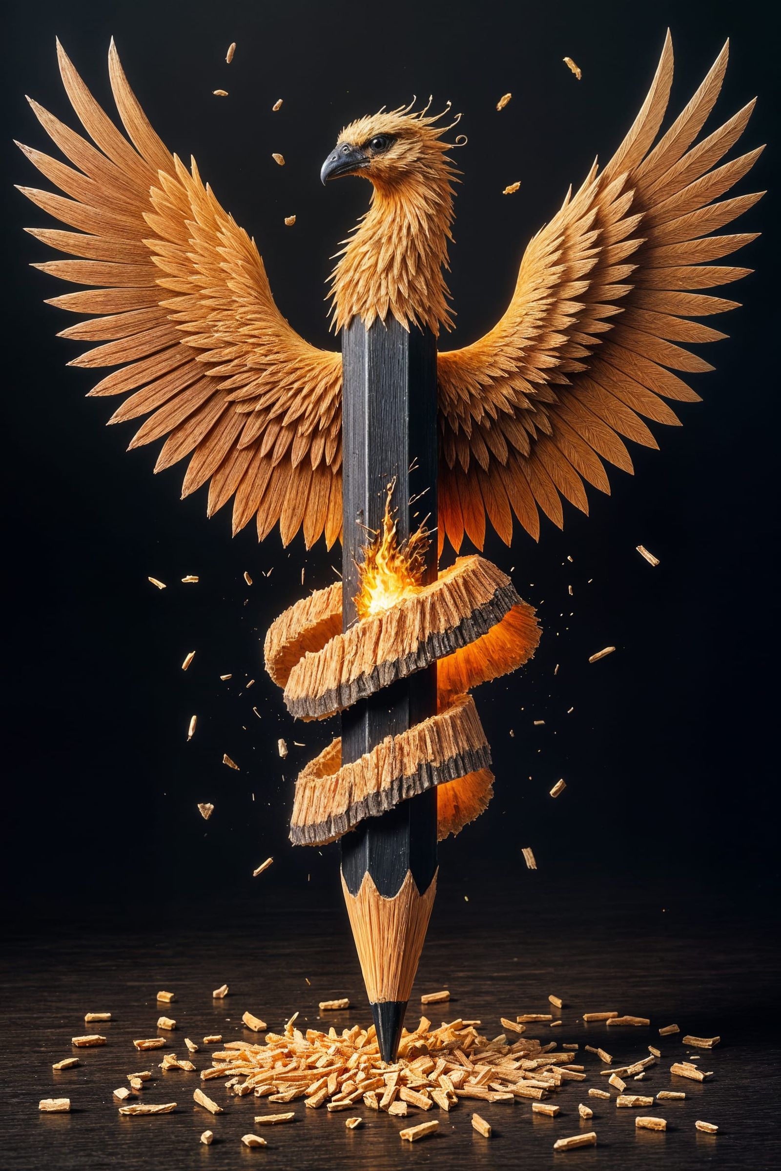 Pencil Reborn as Fiery Phoenix in Graphite and Wood