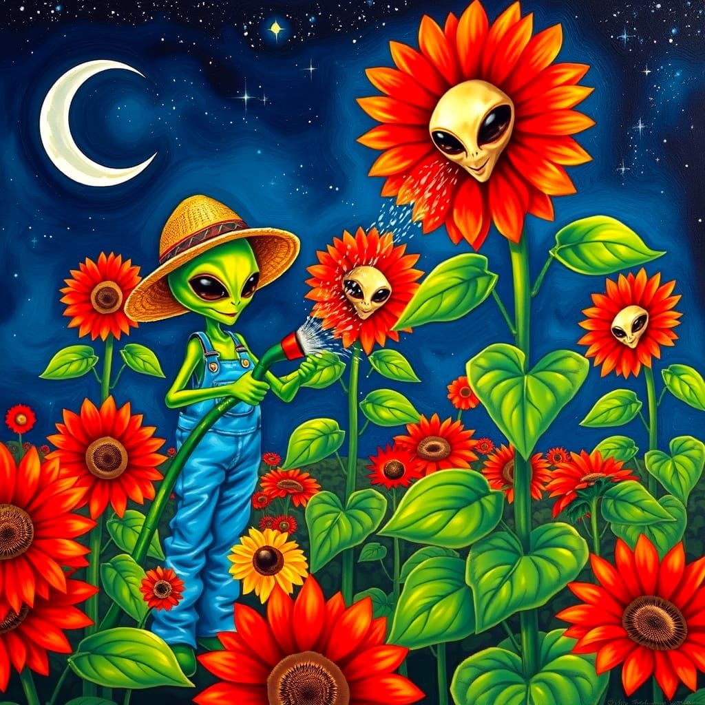 Alien Gardener in an Oil Painting Flower Garden