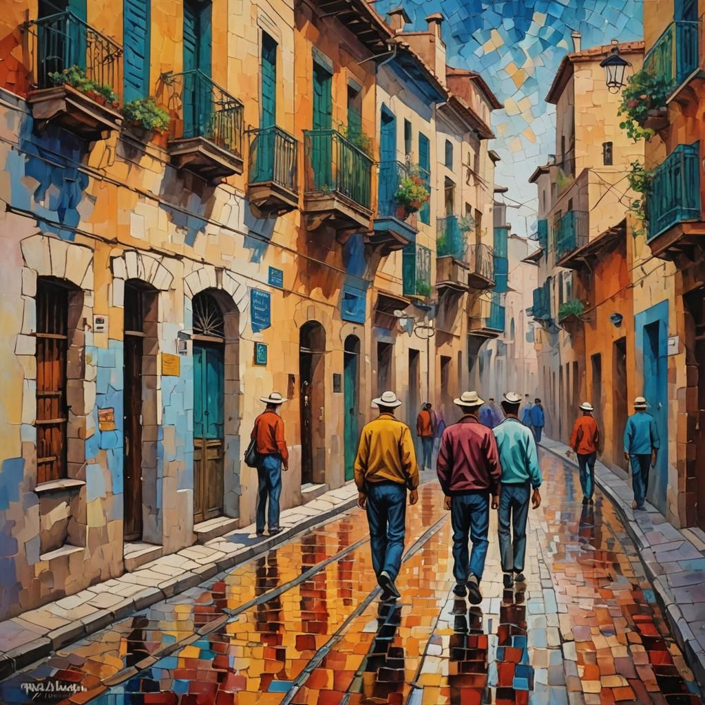 Neo-Impressionist Painting of Men on a Street