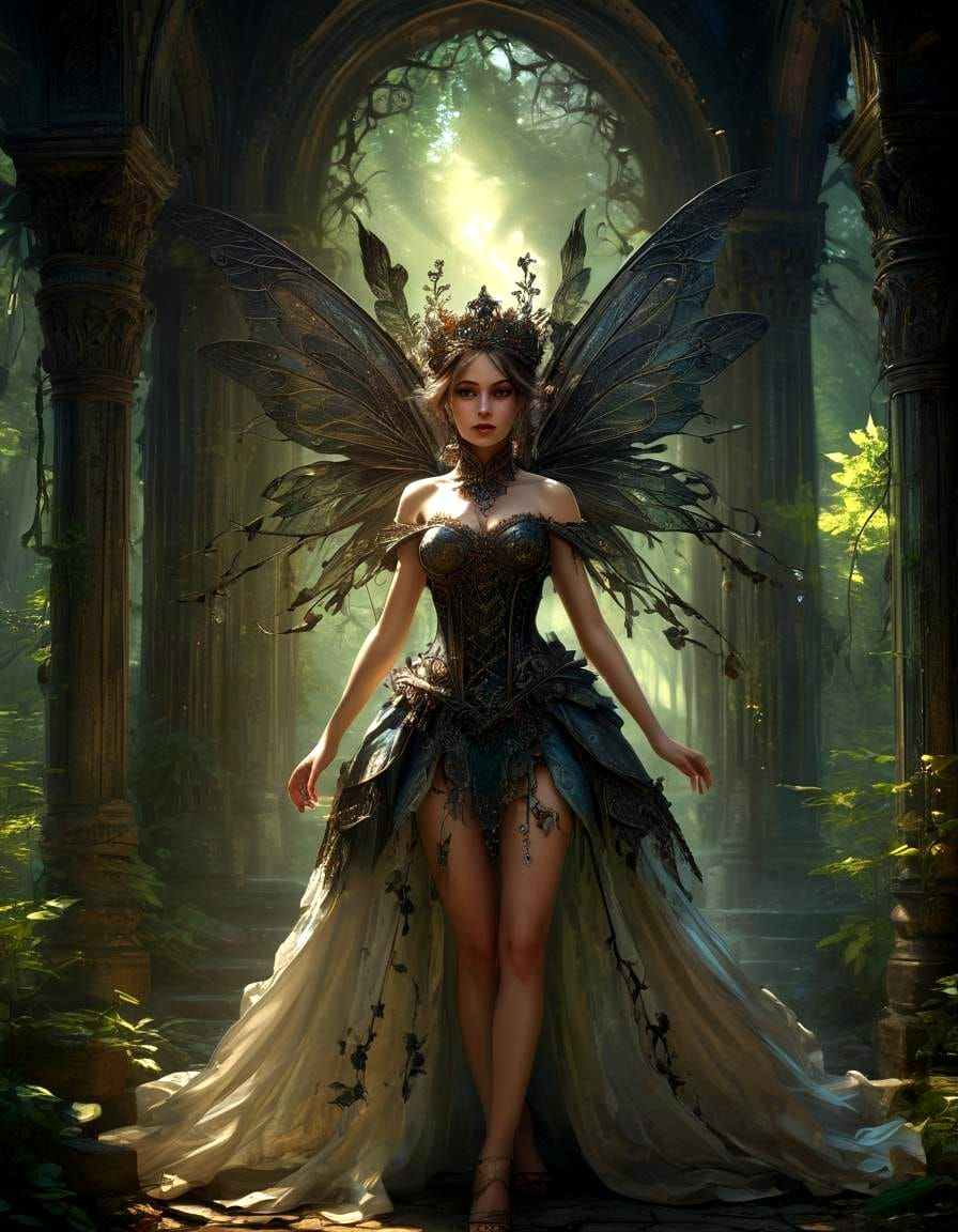 Gothic Fairy Queen in Ancient Forest Palace