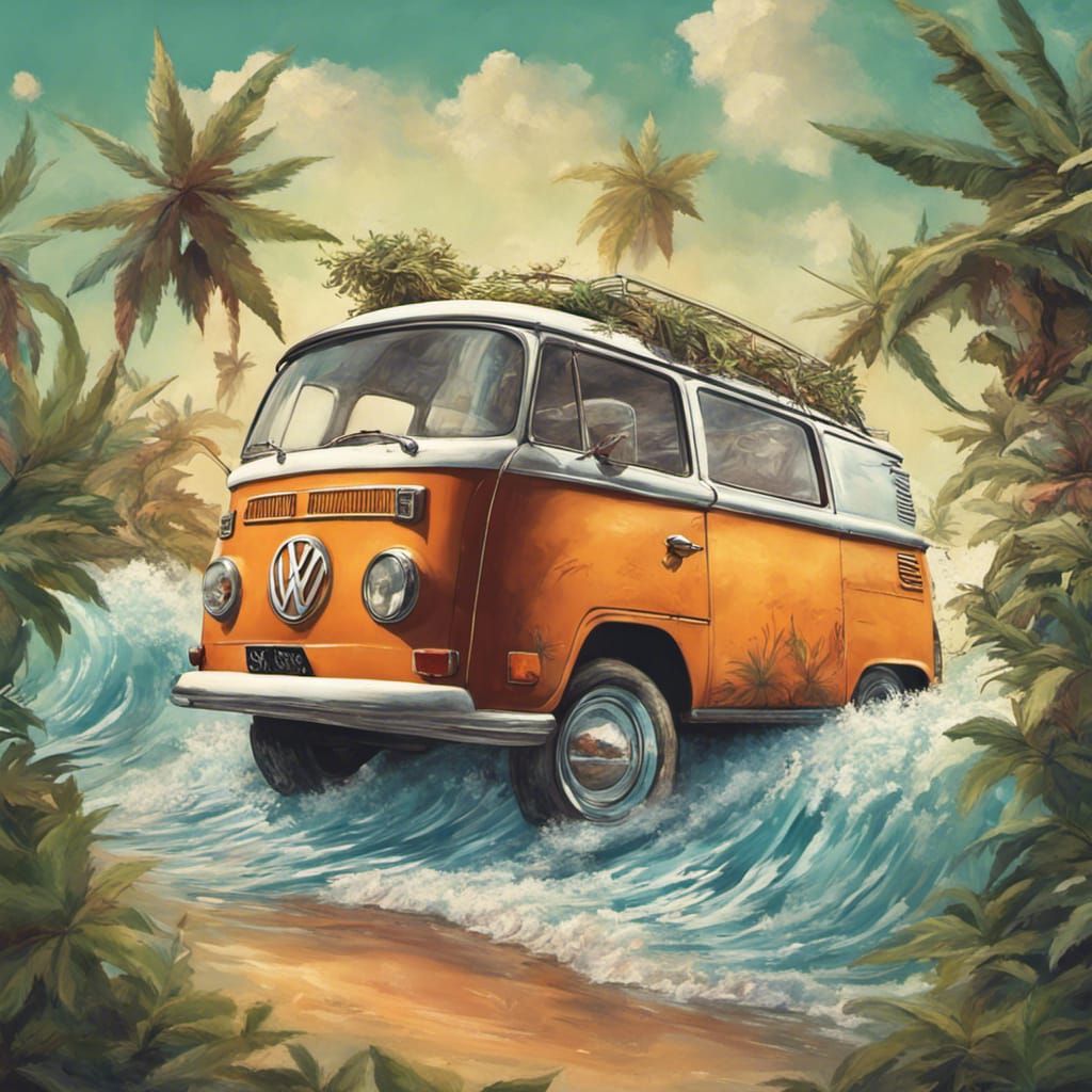 Surfing Volkswagen Van with Marijuana Plants