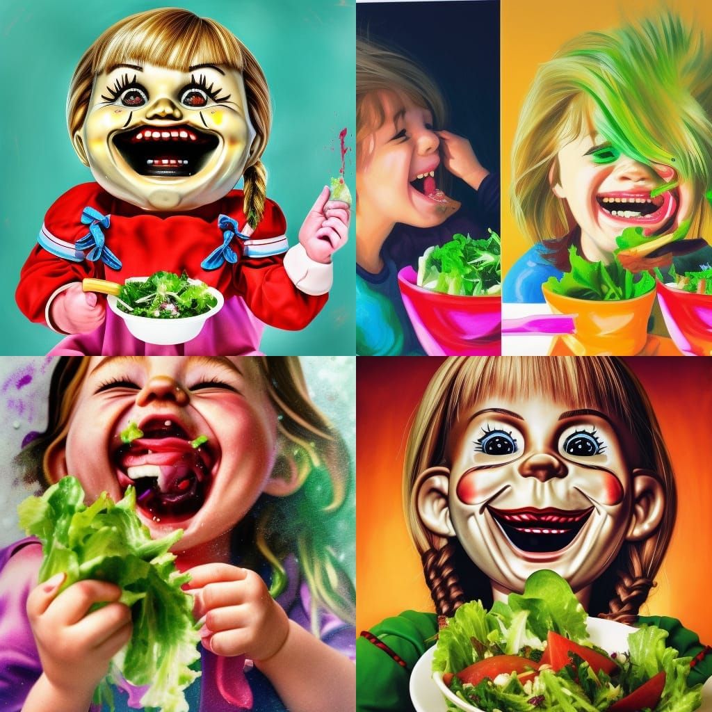 Laughing Woman Eating Salad in Hyperrealistic Style