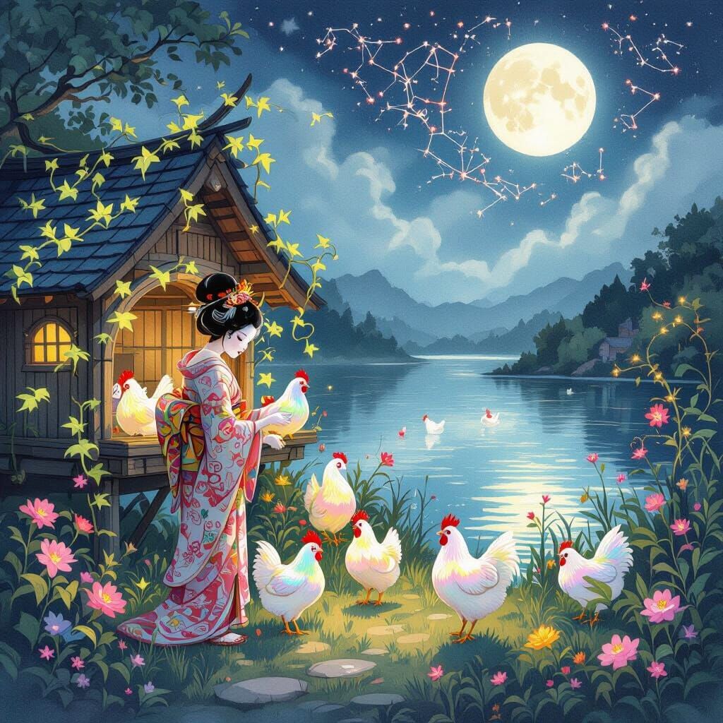 A whimsical scene of a lone Geisha tending to a vibrant, fantastical chicken coop. The chickens are iridescent and have ...