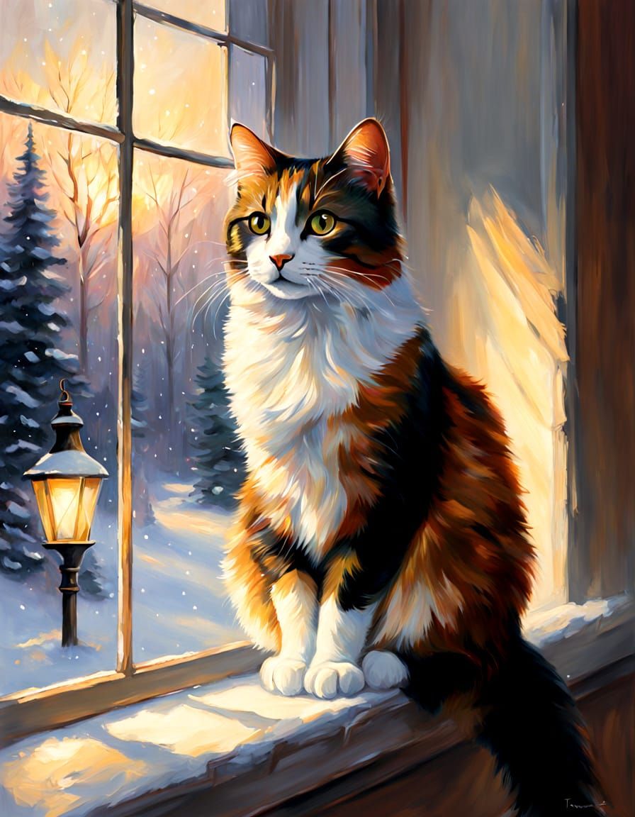 Cozy Calico Cat Watches Snowfall in Magical Winter Wonderlan...