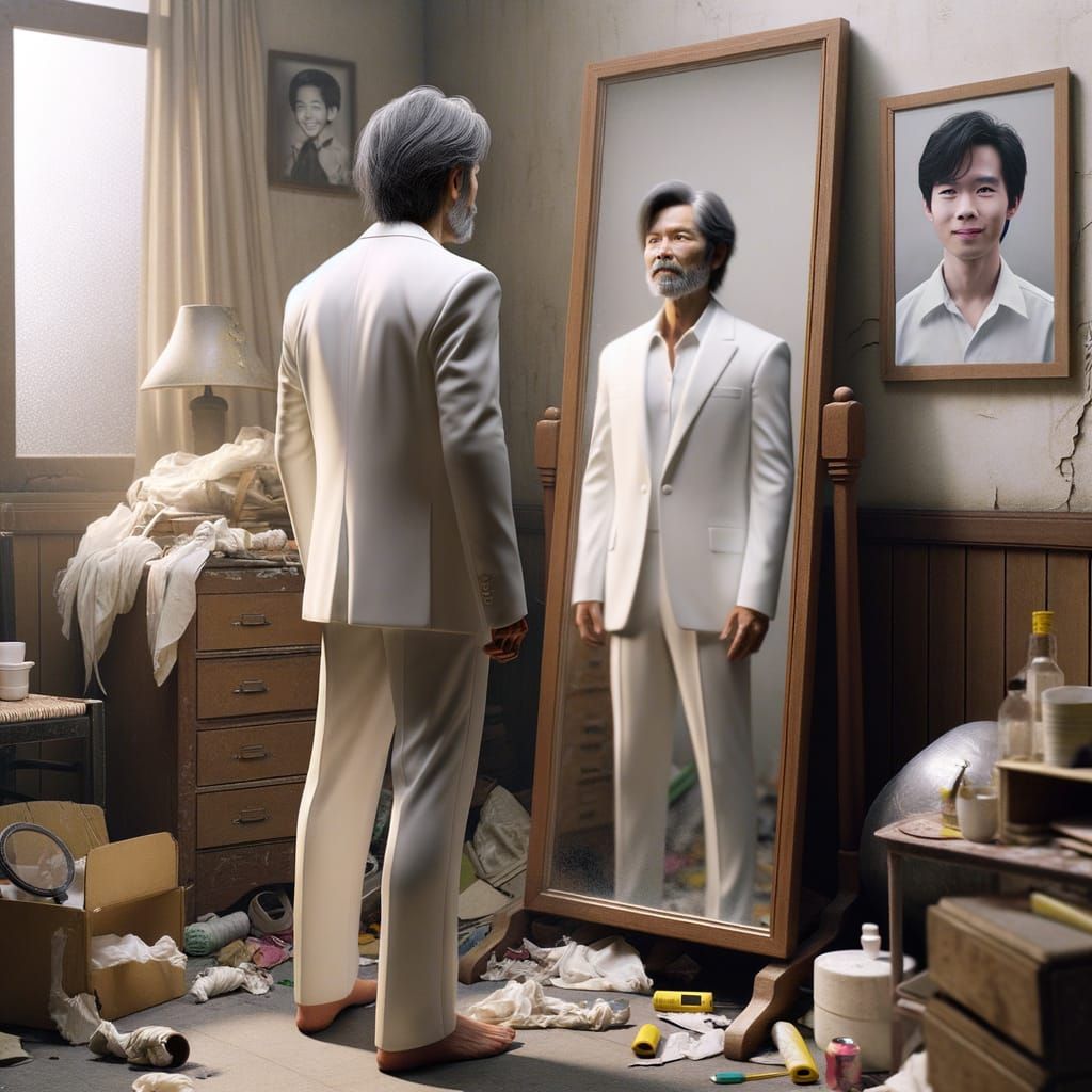 Man Sees Youthful Reflection in Mirror Amidst Ruin