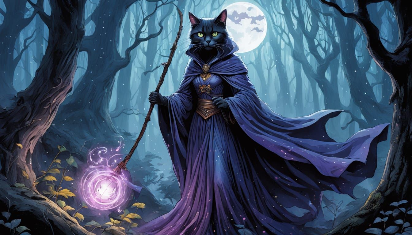 Mystical Cat Witch Casting Spells: Comic Book Art